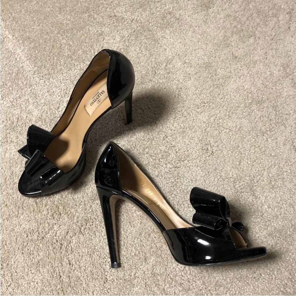 Valentino bow couture pumps heels sandals 37.5 black patent leather 7.5 - Picture 9 of 10